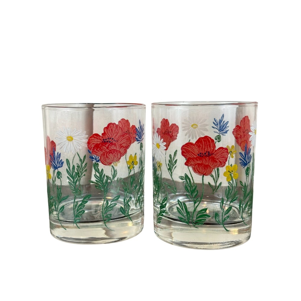 Vintage Cera Wildflower Glass Tumblers Set of 2 Low Ball Glasses Poppies Daisies